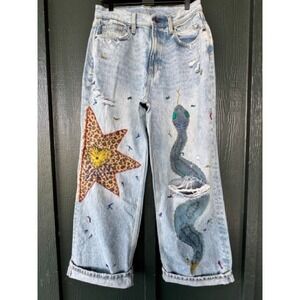 Upcycled Arizona Jean  Highest Rise Curvy Skater Snake Leopard Star Patch 11